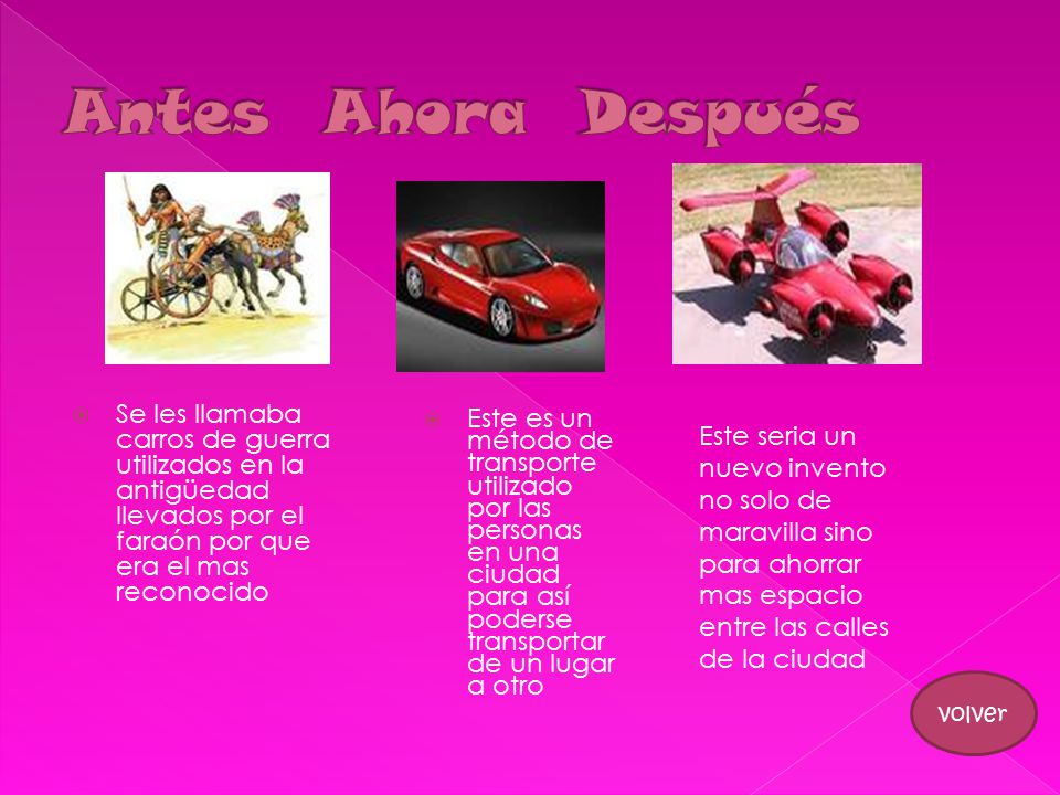 Antes Ahora Después Se les llamaba carros de guerra utilizados en la antigüedad llevados por el faraón por que era el mas reconocido.