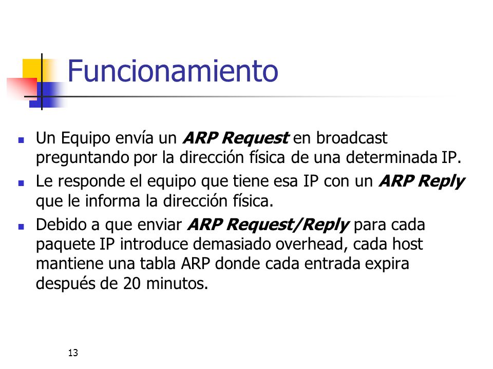 Funcionamiento Un Equipo envía un ARP Request en broadcast preguntando por la dirección física de una determinada IP.