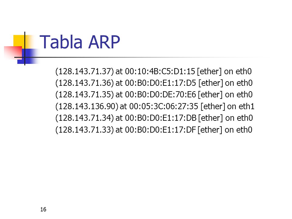 Tabla ARP ( ) at 00:10:4B:C5:D1:15 [ether] on eth0