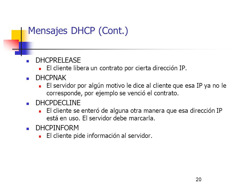 Mensajes DHCP (Cont.) DHCPRELEASE DHCPNAK DHCPDECLINE DHCPINFORM