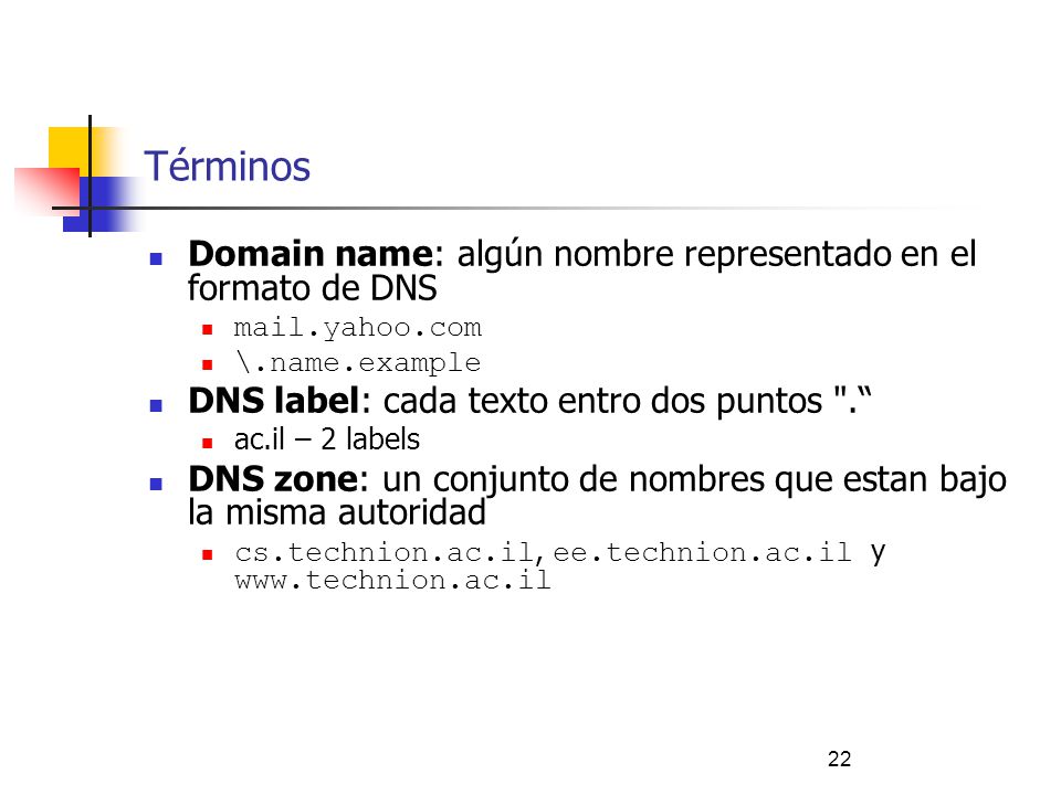 Términos Domain name: algún nombre representado en el formato de DNS