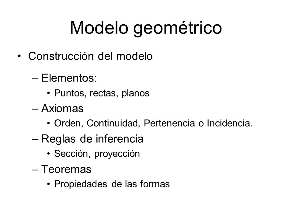 Modelo geométrico Construcción del modelo Elementos: Axiomas