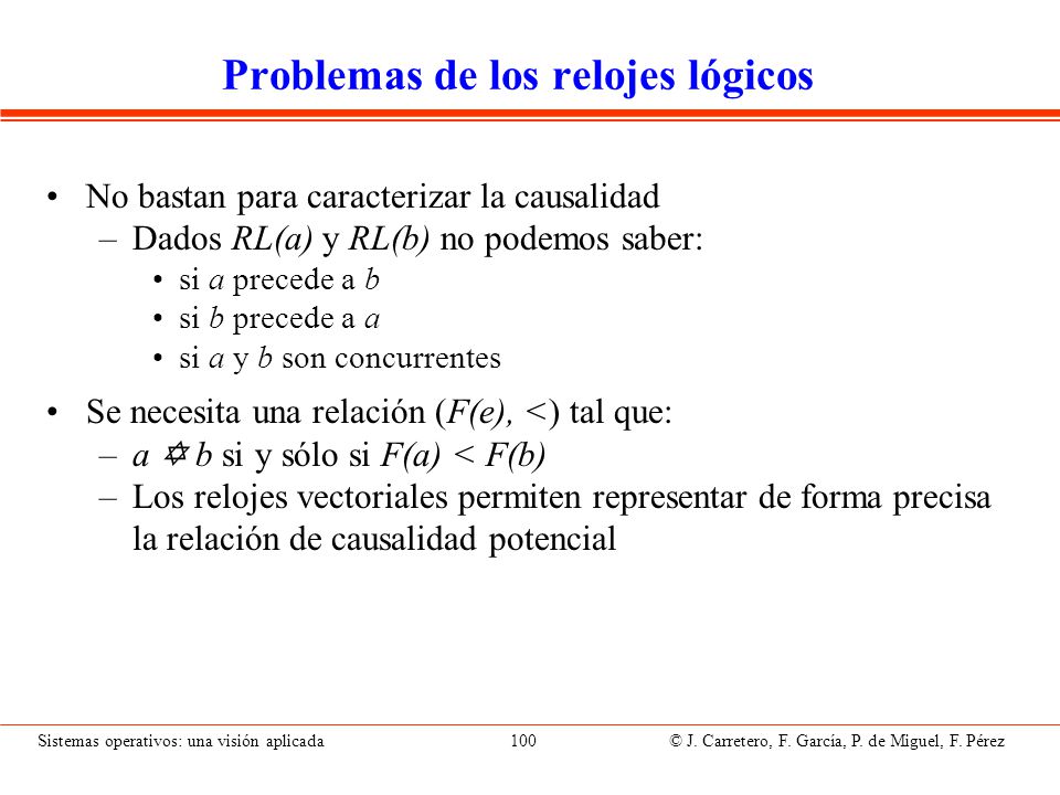 Relojes vectoriales Desarrollado independientemente por Fidge, Mattern y Schmuck. Todo proceso lleva asociado un vector de enteros RV.