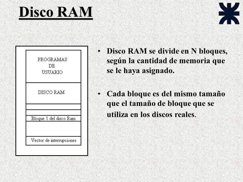 Disco RAM Disco RAM se divide en N bloques, según la cantidad de memoria que se le haya asignado.