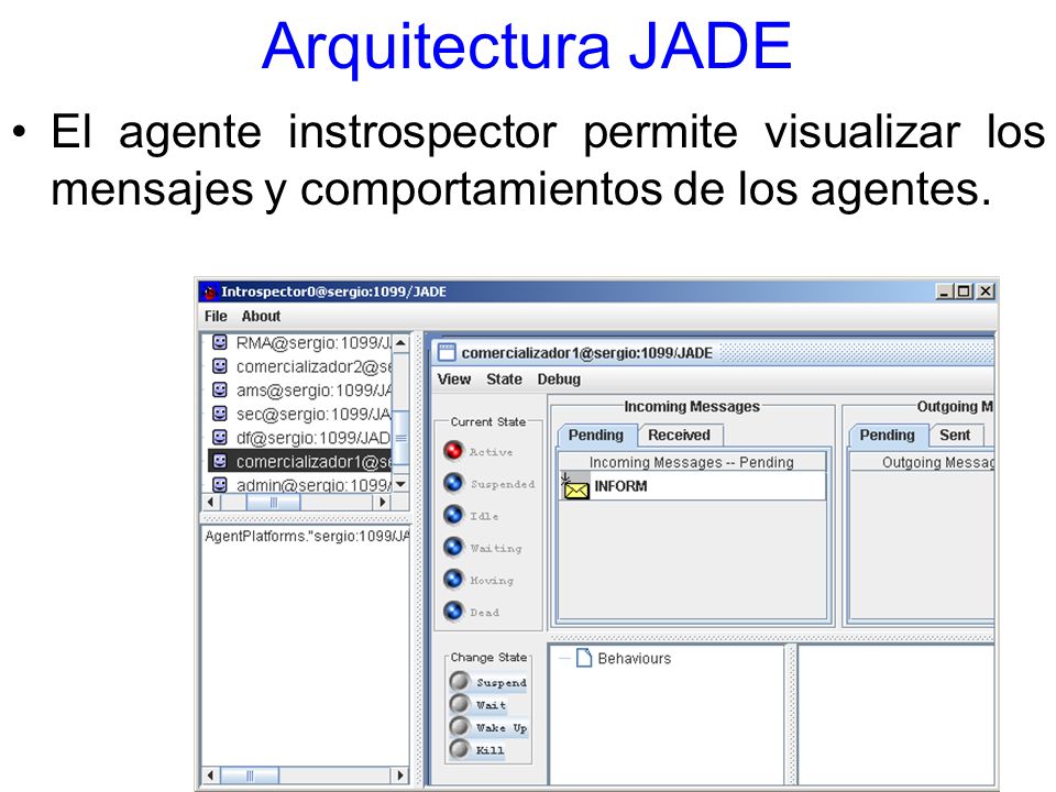 Arquitectura JADE El agente instrospector permite visualizar los mensajes y comportamientos de los agentes.