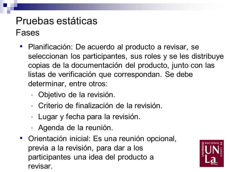 Pruebas estáticas Fases