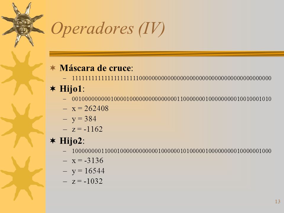 Operadores (IV) Máscara de cruce: Hijo1: Hijo2: x = y = 384