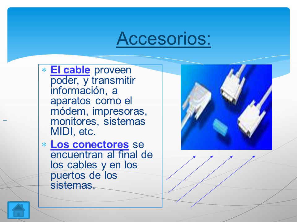 Accesorios: El cable proveen poder, y transmitir información, a aparatos como el módem, impresoras, monitores, sistemas MIDI, etc.