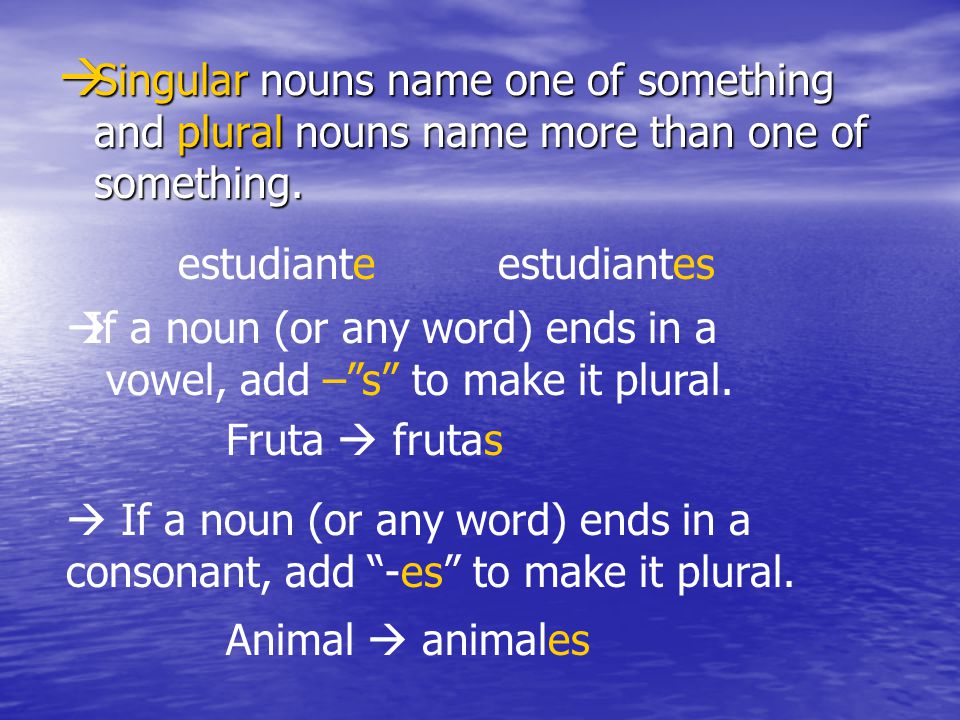 Singular nouns name one of something and plural nouns name more than one of something.