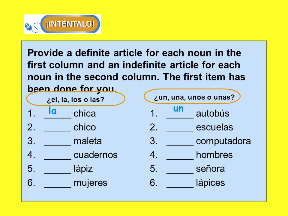 Provide a definite article for each noun in the first column and an indefinite article for each noun in the second column. The first item has been done for you.