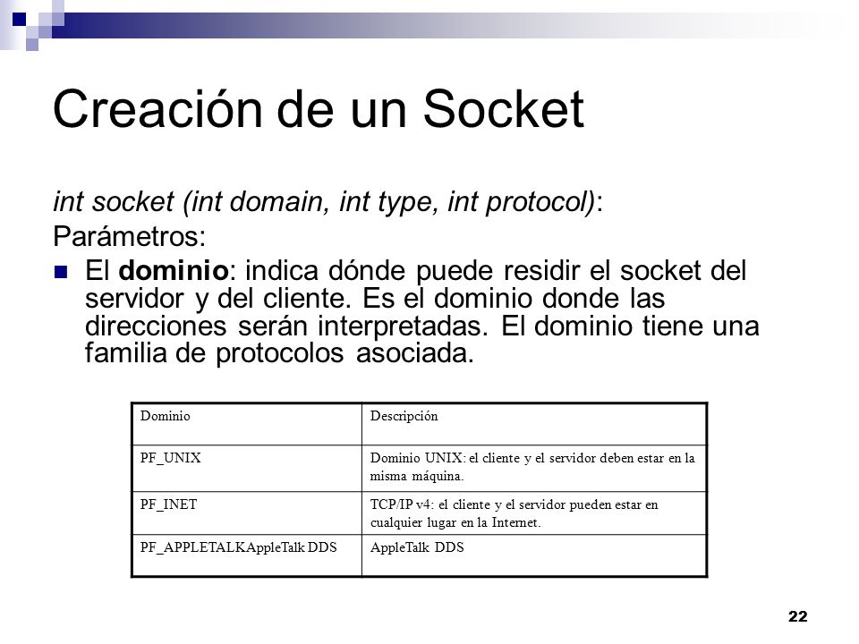 Creación de un Socket int socket (int domain, int type, int protocol):