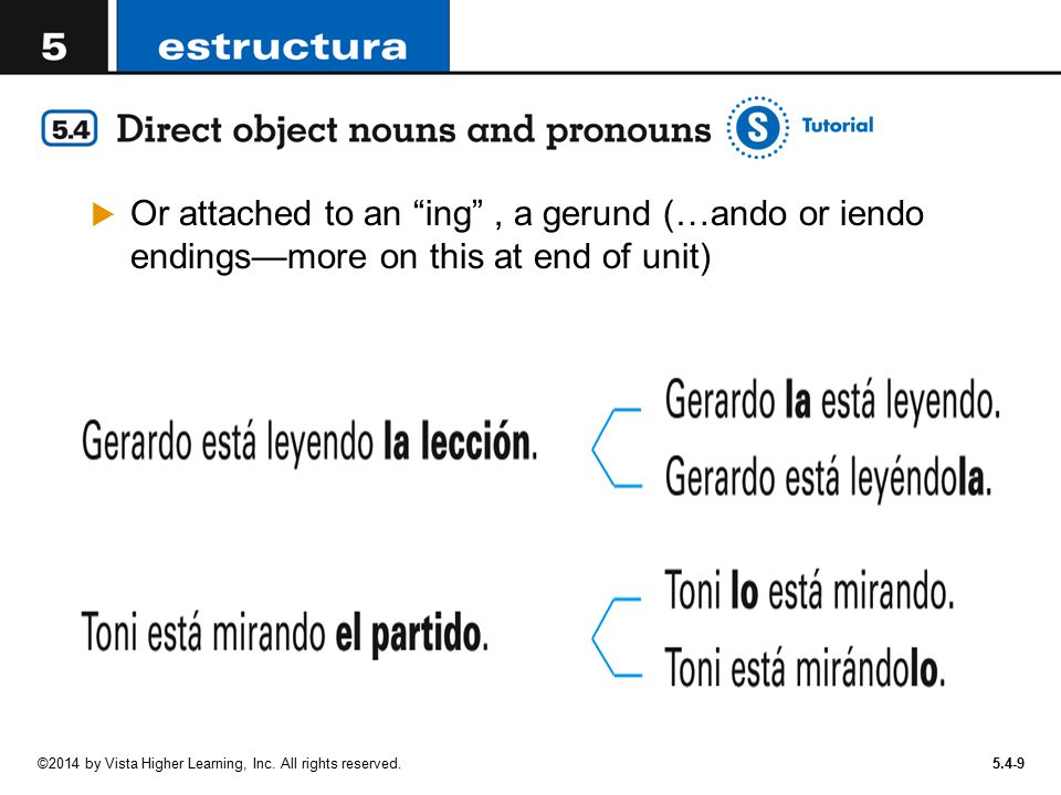 Or attached to an ing , a gerund (…ando or iendo endings—more on this at end of unit)