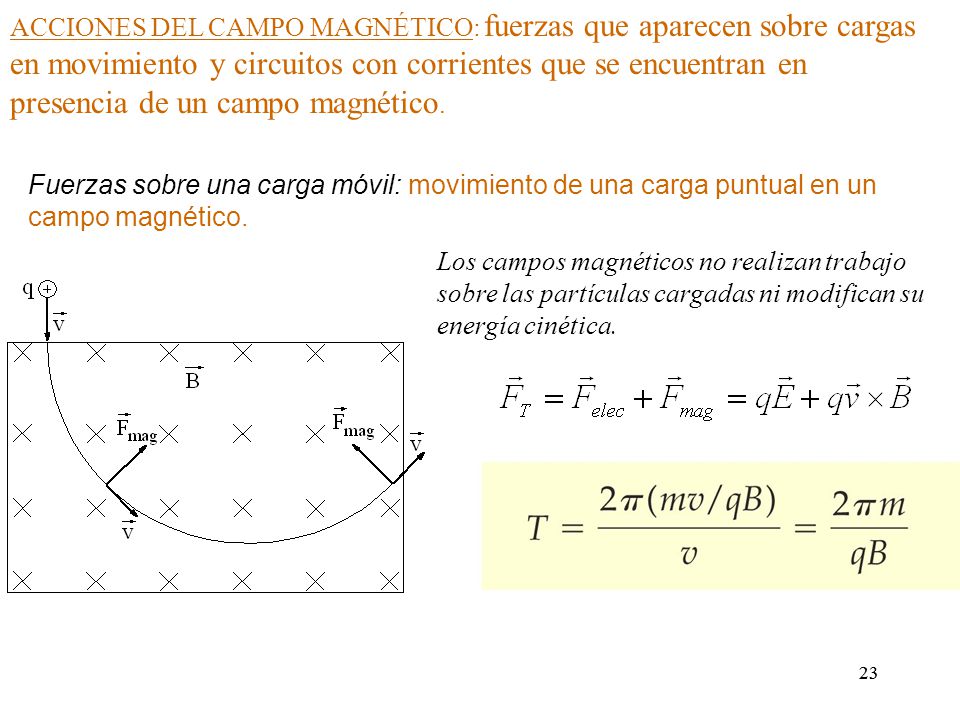 ACCIONES DEL CAMPO MAGNÉTICO: fuerzas que aparecen sobre cargas en movimiento y circuitos con corrientes que se encuentran en presencia de un campo magnético.