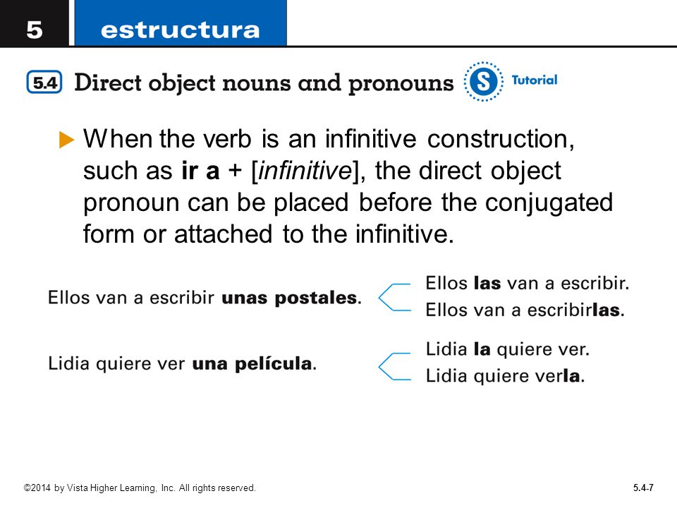 When the verb is an infinitive construction, such as ir a + [infinitive], the direct object pronoun can be placed before the conjugated form or attached to the infinitive.