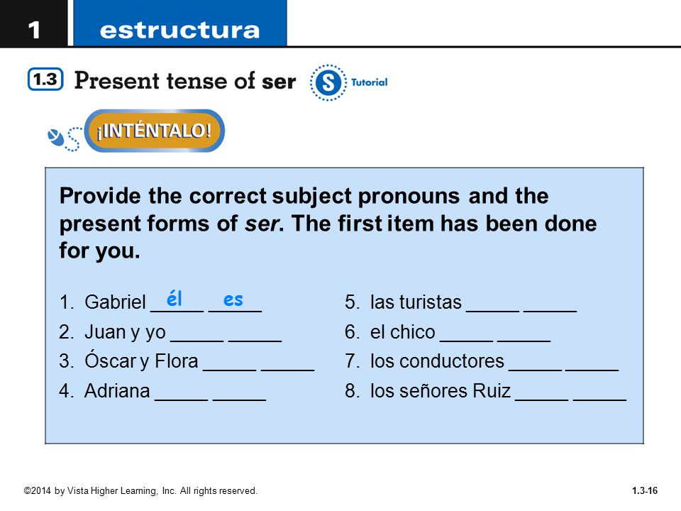 Provide the correct subject pronouns and the present forms of ser