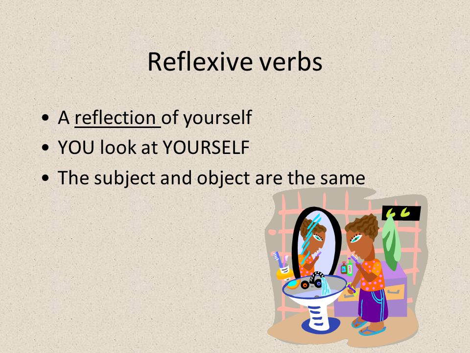 Reflexive verbs A reflection of yourself YOU look at YOURSELF