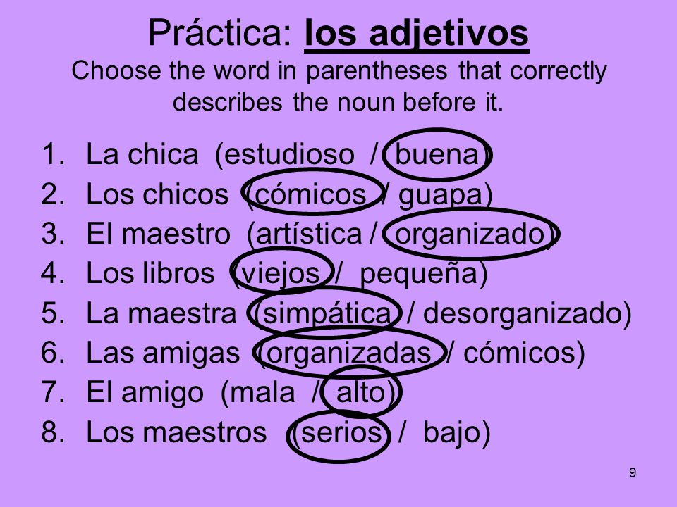 Práctica: los adjetivos Choose the word in parentheses that correctly describes the noun before it.