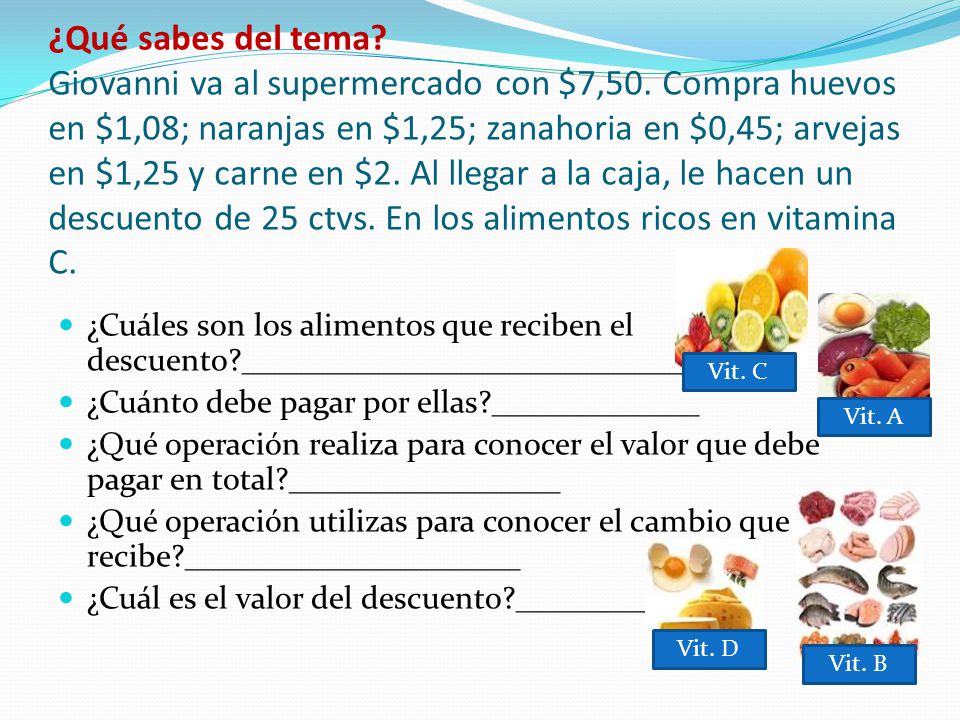 ¿Qué sabes del tema. Giovanni va al supermercado con $7,50