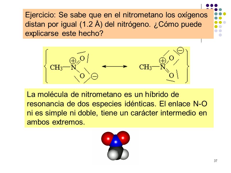 Ejercicio: Se sabe que en el nitrometano los oxígenos distan por igual (1.2 Å) del nitrógeno. ¿Cómo puede explicarse este hecho