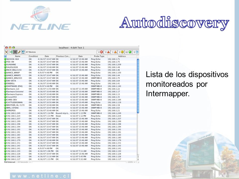 Autodiscovery Lista de los dispositivos monitoreados por Intermapper.