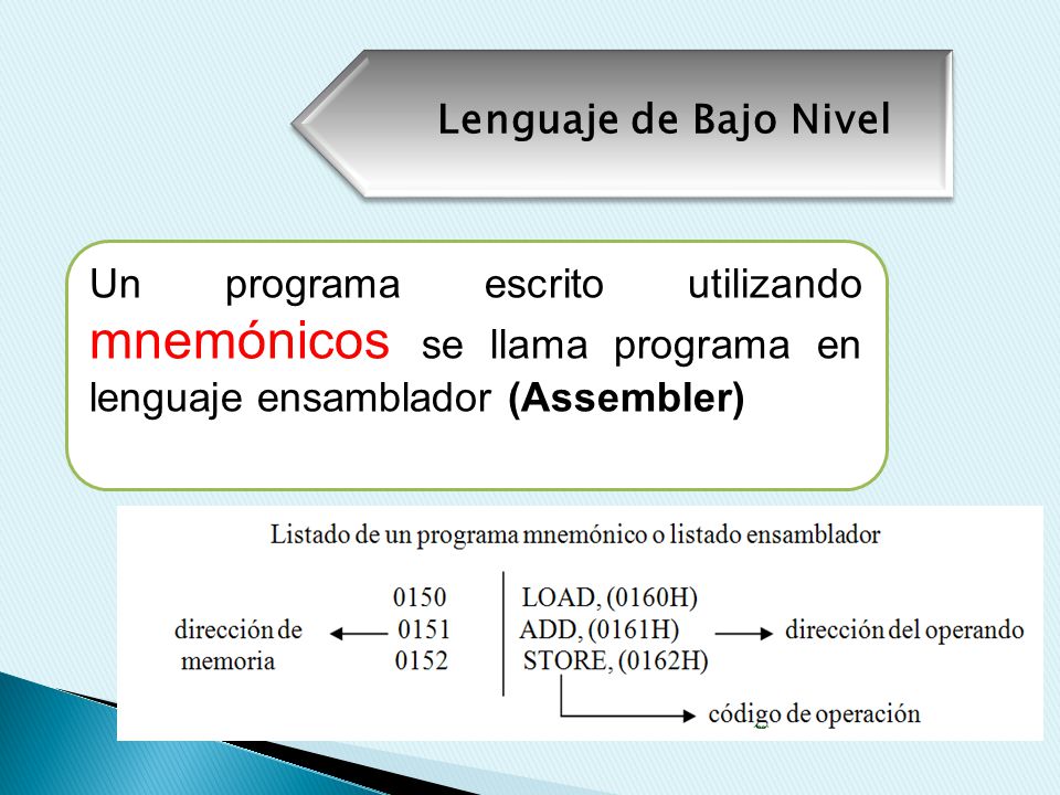 Lenguaje de Bajo Nivel Un programa escrito utilizando mnemónicos se llama programa en lenguaje ensamblador (Assembler)
