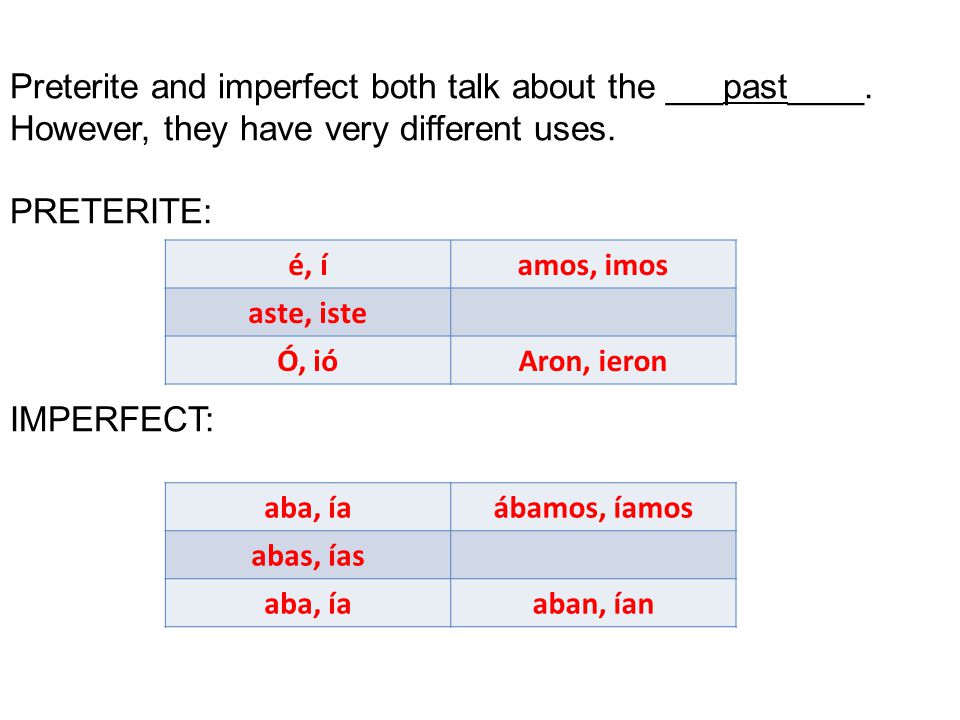 Preterite and imperfect both talk about the ___past____