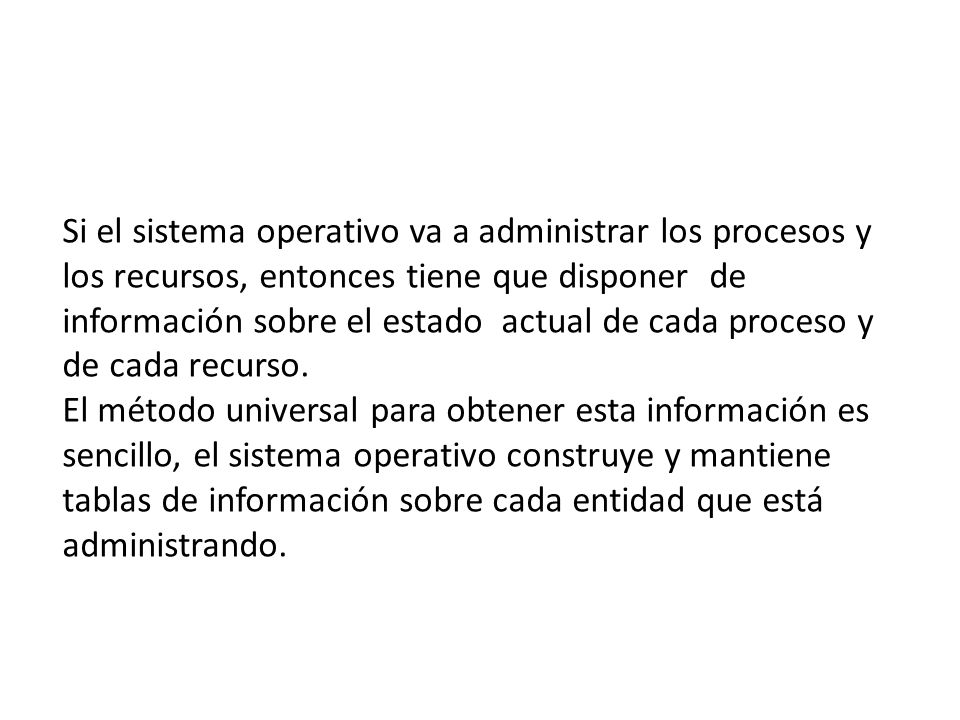 Si el sistema operativo va a administrar los procesos y los recursos, entonces tiene que disponer de información sobre el estado actual de cada proceso y de cada recurso.