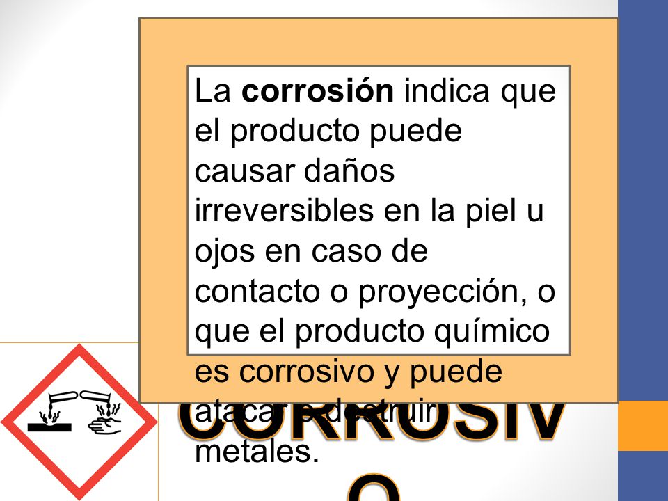 La corrosión indica que el producto puede causar daños irreversibles en la piel u ojos en caso de contacto o proyección, o que el producto químico es corrosivo y puede atacar o destruir metales.