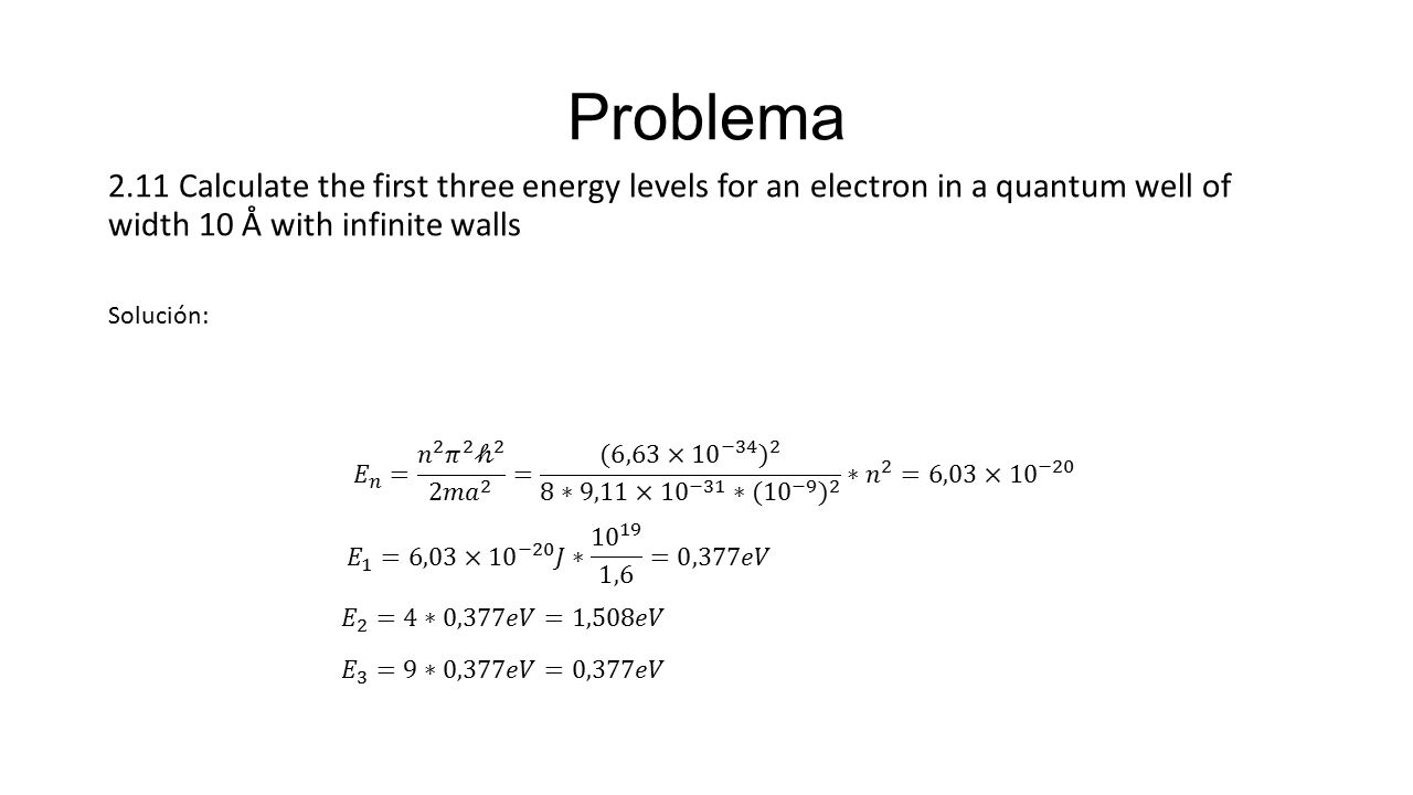 Problema 2.11 Calculate the first three energy levels for an electron in a quantum well of width 10 Å with infinite walls.