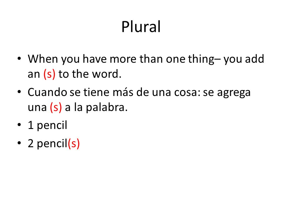 Plural When you have more than one thing– you add an (s) to the word.