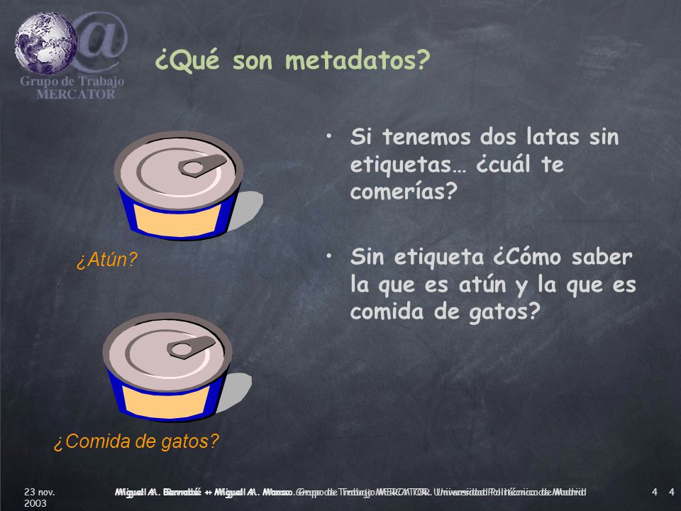 ¿Qué son metadatos Si tenemos dos latas sin etiquetas… ¿cuál te comerías Sin etiqueta ¿Cómo saber la que es atún y la que es comida de gatos