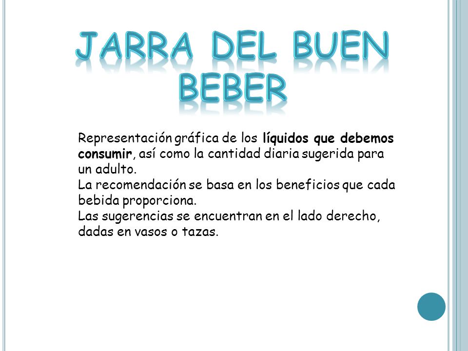 Jarra del buen beber Representación gráfica de los líquidos que debemos consumir, así como la cantidad diaria sugerida para un adulto.