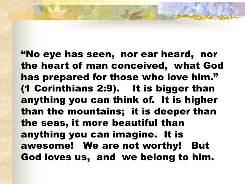 No eye has seen, nor ear heard, nor the heart of man conceived, what God has prepared for those who love him. (1 Corinthians 2:9).