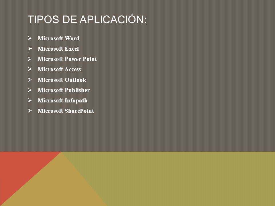 TIPOS DE APLICACIÓN: Microsoft Word Microsoft Excel