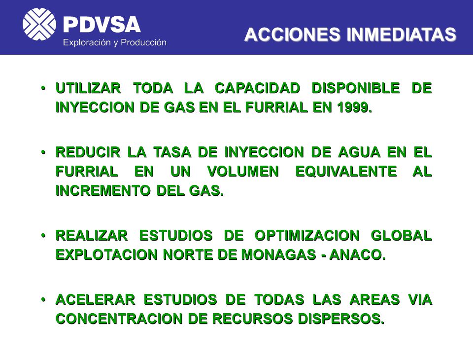 ACCIONES INMEDIATAS UTILIZAR TODA LA CAPACIDAD DISPONIBLE DE INYECCION DE GAS EN EL FURRIAL EN