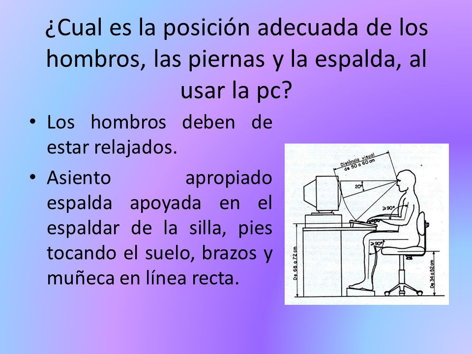 ¿Cual es la posición adecuada de los hombros, las piernas y la espalda, al usar la pc
