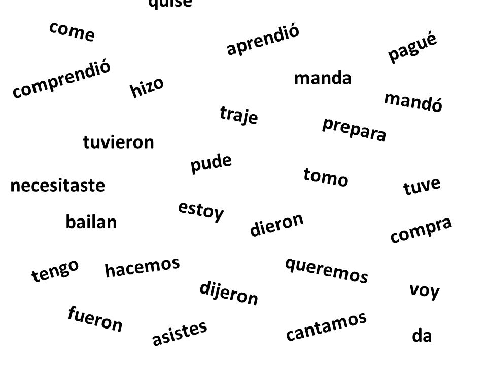 quise come. aprendió. pagué. comprendió. manda. hizo. mandó. traje. prepara. tuvieron. pude.