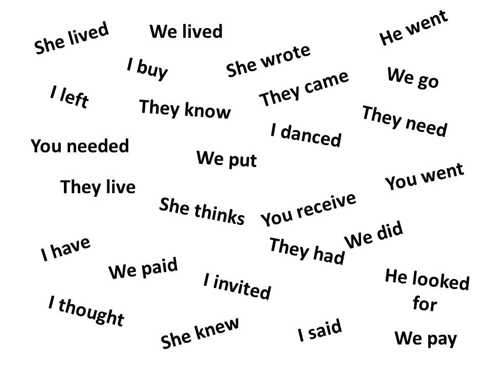 He went We lived. She lived. She wrote. I buy. We go. They came. I left. They know. They need.