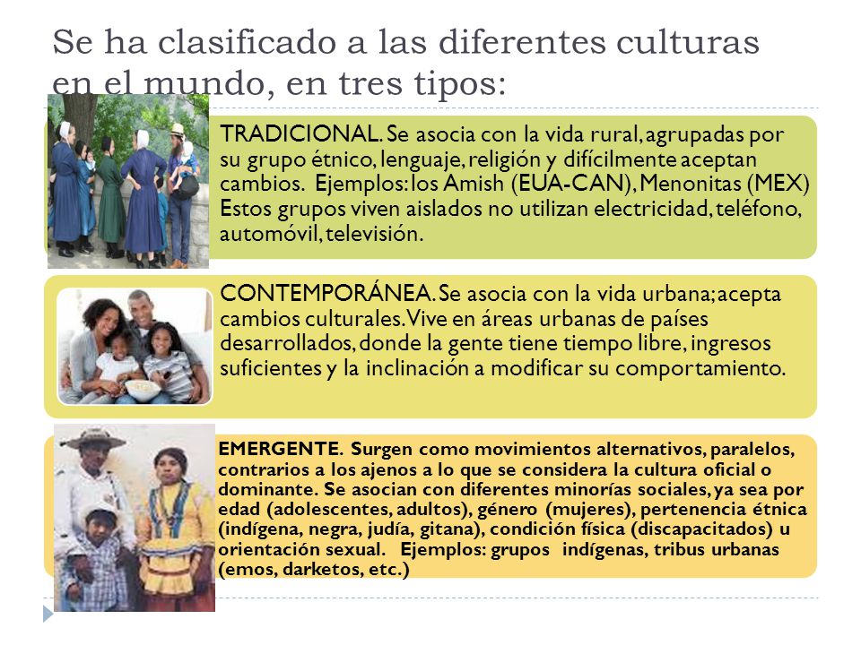 Se ha clasificado a las diferentes culturas en el mundo, en tres tipos: