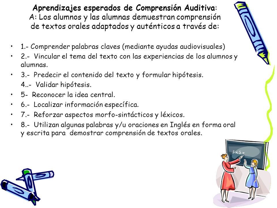 Aprendizajes esperados de Comprensión Auditiva: A: Los alumnos y las alumnas demuestran comprensión de textos orales adaptados y auténticos a través de: