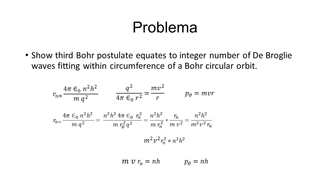 Problema Show third Bohr postulate equates to integer number of De Broglie waves fitting within circumference of a Bohr circular orbit.