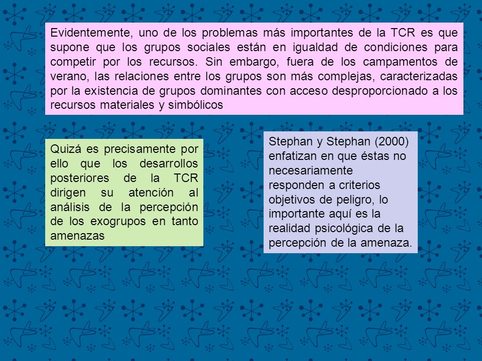 Evidentemente, uno de los problemas más importantes de la TCR es que supone que los grupos sociales están en igualdad de condiciones para competir por los recursos. Sin embargo, fuera de los campamentos de verano, las relaciones entre los grupos son más complejas, caracterizadas por la existencia de grupos dominantes con acceso desproporcionado a los recursos materiales y simbólicos