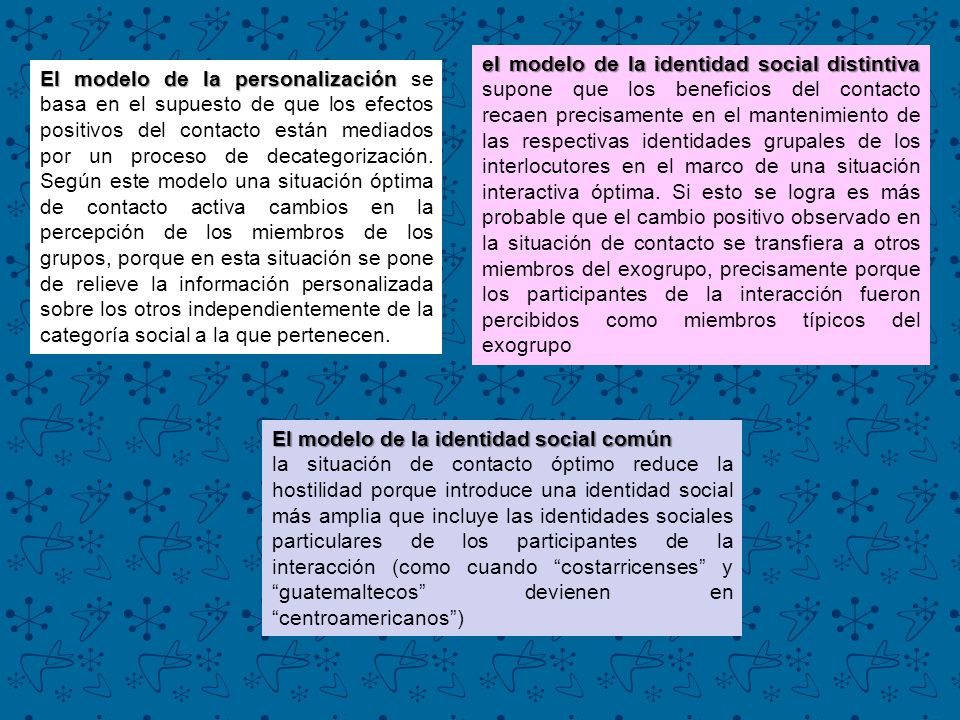 el modelo de la identidad social distintiva supone que los beneficios del contacto recaen precisamente en el mantenimiento de las respectivas identidades grupales de los interlocutores en el marco de una situación interactiva óptima. Si esto se logra es más probable que el cambio positivo observado en la situación de contacto se transfiera a otros miembros del exogrupo, precisamente porque los participantes de la interacción fueron percibidos como miembros típicos del exogrupo