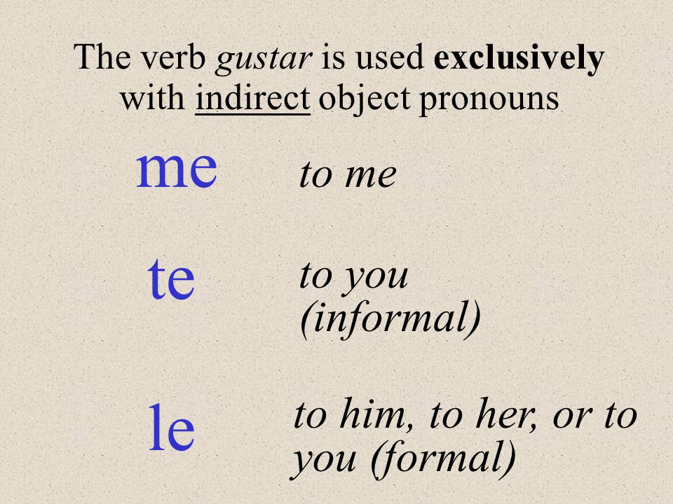 The verb gustar is used exclusively with indirect object pronouns
