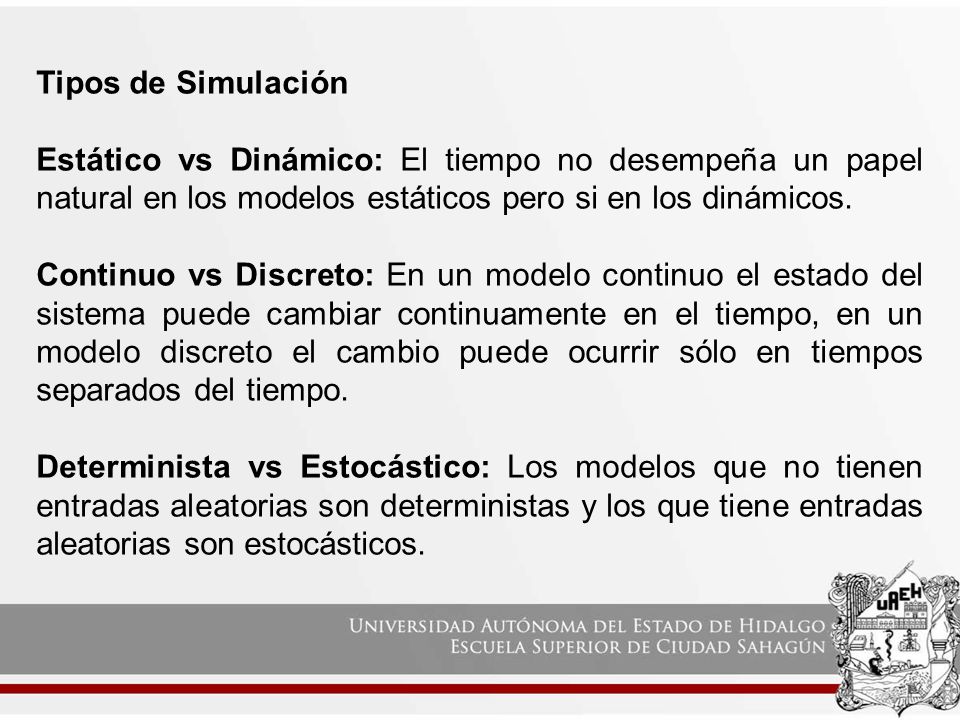 Tipos de Simulación Estático vs Dinámico: El tiempo no desempeña un papel natural en los modelos estáticos pero si en los dinámicos.