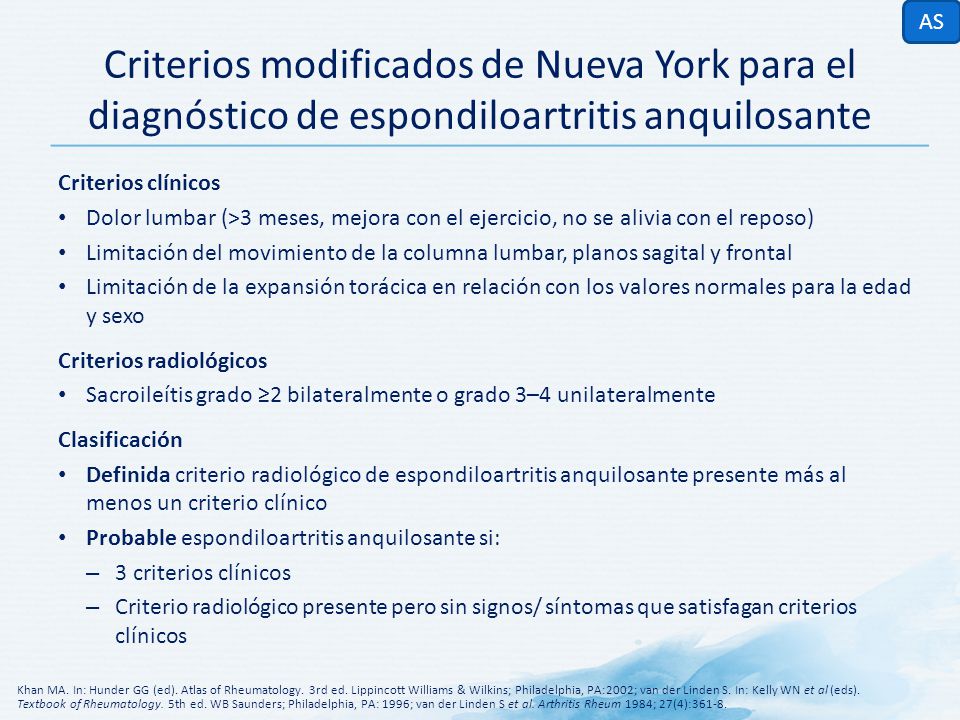 AS Criterios modificados de Nueva York para el diagnóstico de espondiloartritis anquilosante. Criterios clínicos.