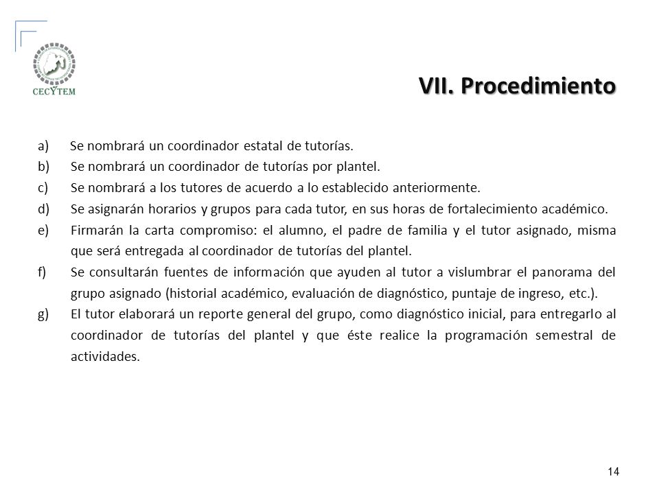 VII. Procedimiento Se nombrará un coordinador estatal de tutorías.