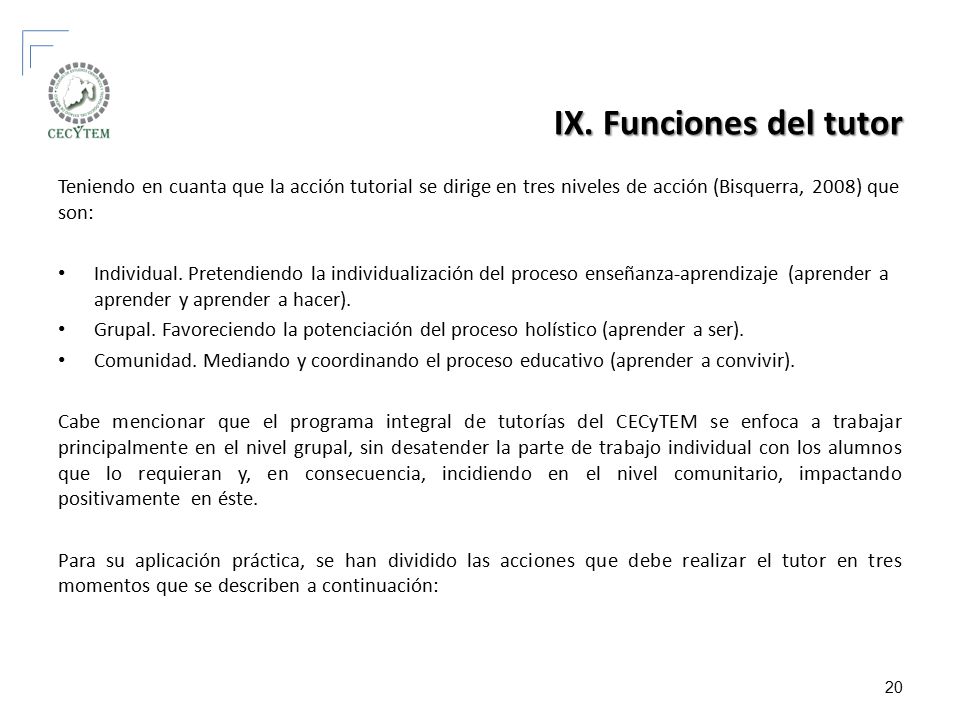 IX. Funciones del tutor Teniendo en cuanta que la acción tutorial se dirige en tres niveles de acción (Bisquerra, 2008) que son:
