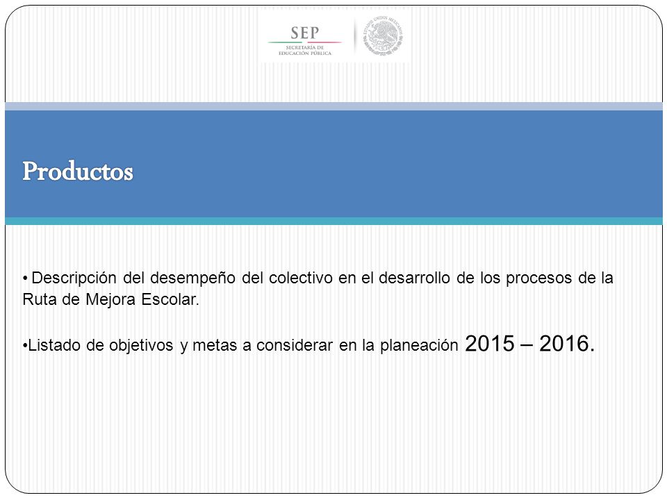 Productos Descripción del desempeño del colectivo en el desarrollo de los procesos de la Ruta de Mejora Escolar.