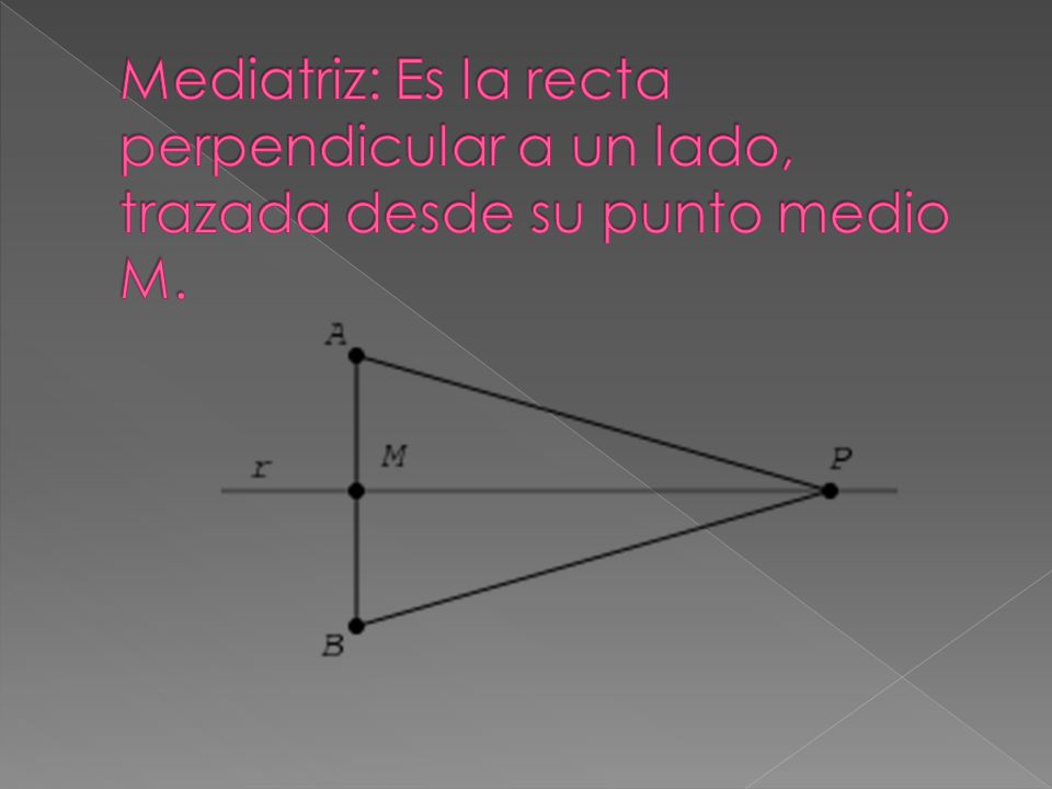 Mediatriz: Es la recta perpendicular a un lado, trazada desde su punto medio M.